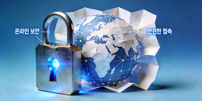 온라인 보안 및 안전한 접속을 상징하는 자물쇠와 지구본 그래픽